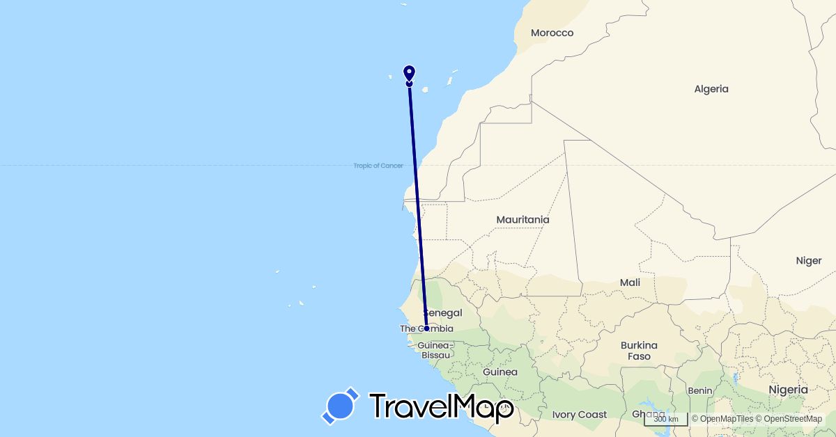 TravelMap itinerary: driving in Spain, Gambia (Africa, Europe)